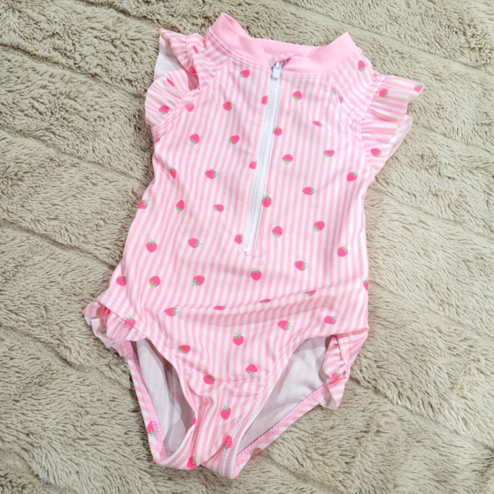 Girls Toddler Swimsuit Pink with Strawberry Print